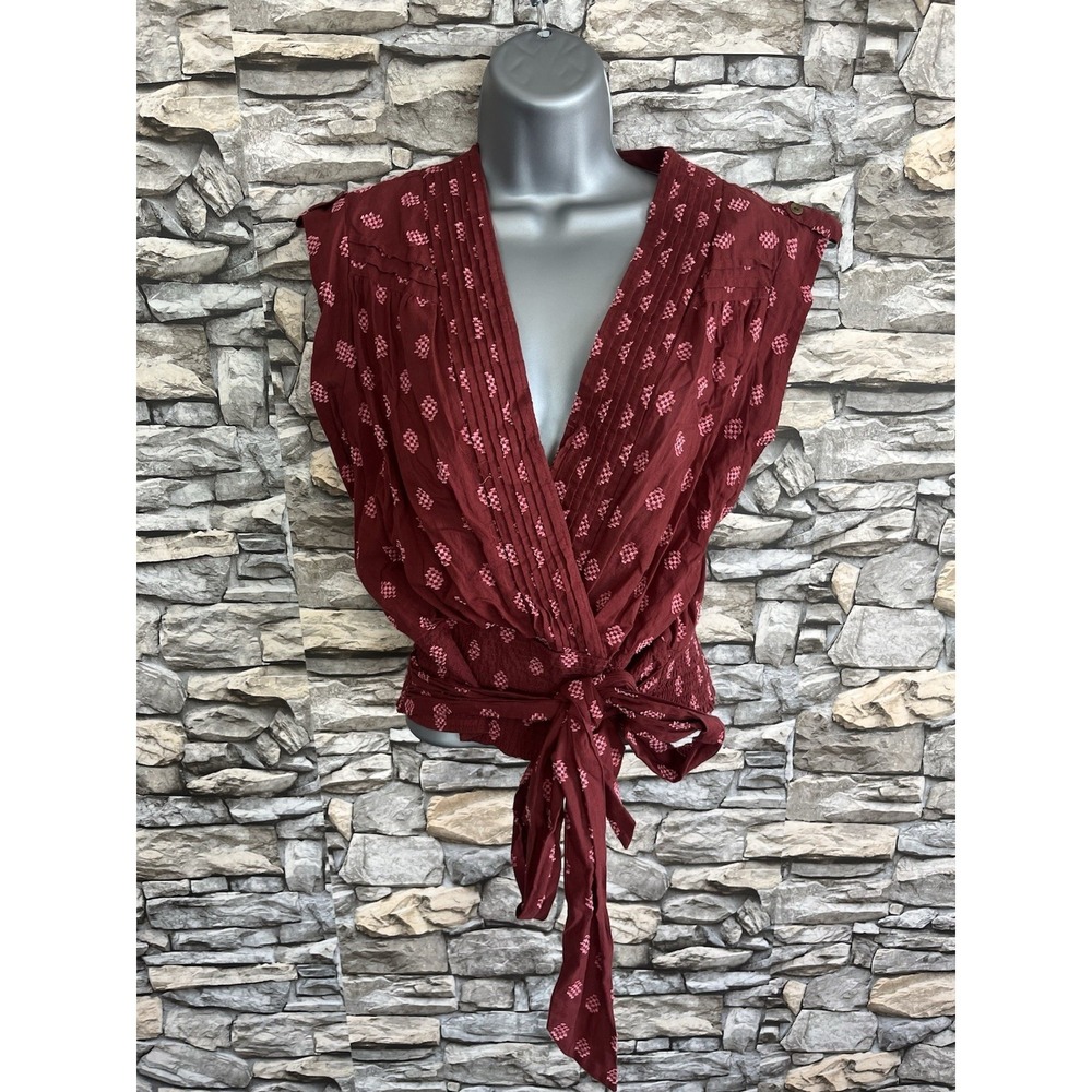 Anthropologie Burgundy Pink Faux Wrap Cap Sleeve Blouse Sz S 100% Cotton $90